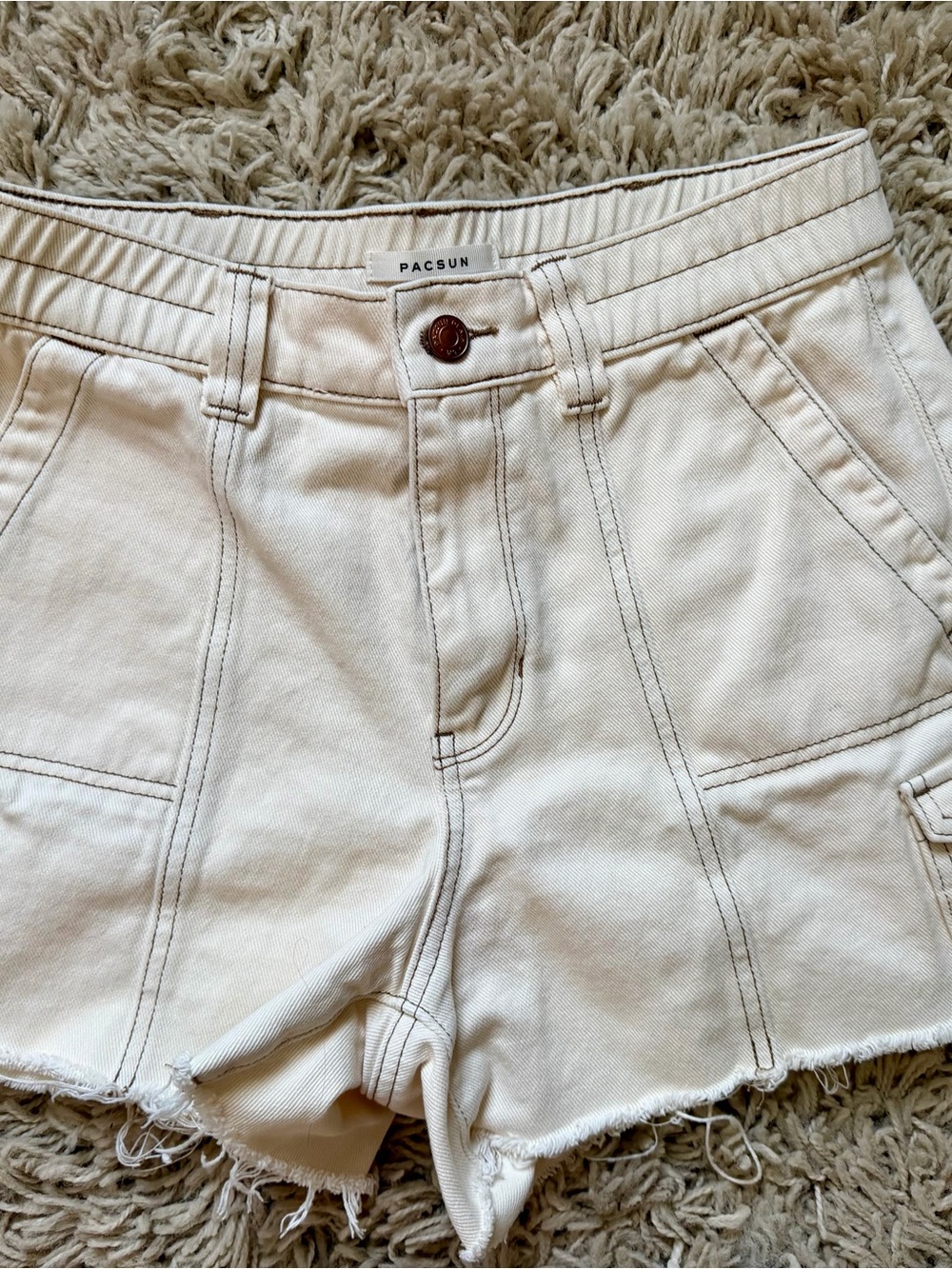 PacSun Cream High Rise Cargo Denim Shorts with Frayed Hem